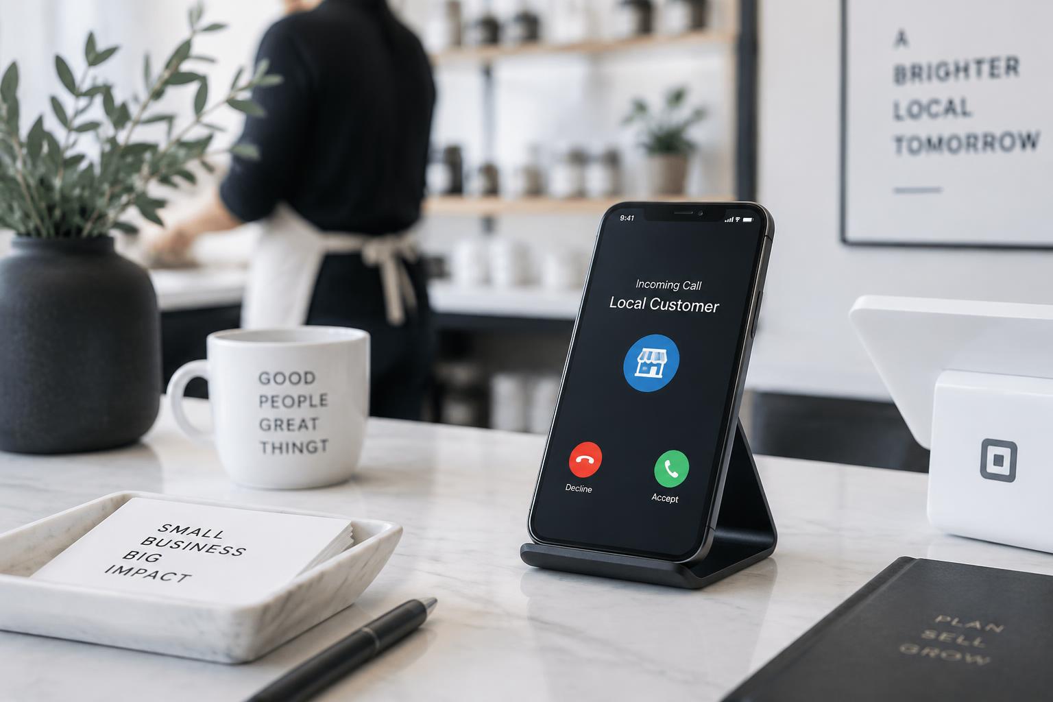 A phone on a small business counter showing an incoming customer call
